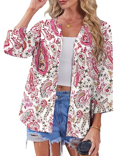Image of OFEEFAN Button Down Shirts for Women 3 /4 Length Sleeve Tops V Neck Blouses Business Casual Outfits Loose Fit
