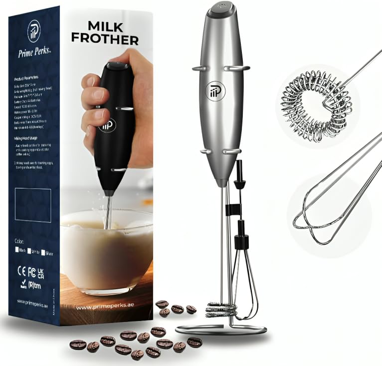 Prime PerksPowerful Milk Frother Wand - Ultra Fast Handheld Drink Mixer - Electric Whisk Foam Maker for Coffee, Lattes, Cappuccino, Frappe, Matcha, Hot Chocolate & Coffee Creamer. (Silver)