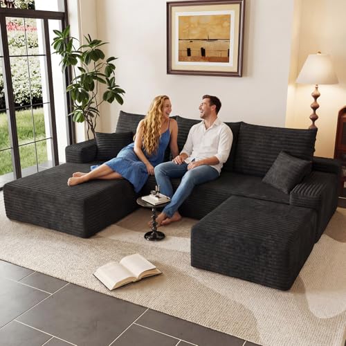 Image of 95 inch U-Shape Cloud Couch, Modern Modular Sectional L-Shape Sofa with Ottoman, Corduroy Upholstered Couches Deep Seat Sleeper Chaise Longue for Living Room, No Assembly Required(Black, Left Facing)