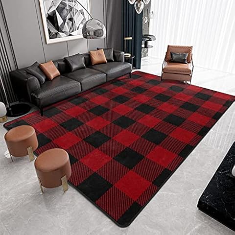 9CH Red Buffalo Plaid Area Rug, Christmas Red and Black Plaid Area Rugs for Living Dinning Room Bedroom, Non Slip Buffalo Check Floor Rugs Carpet for Home Kitchen 7' x 5' Cover