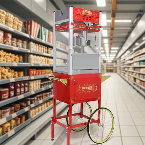 Image of Montary 20 Oz Commercial Popcorn Machine with Cart,1450W Vintage Style Popcorn maker Equipped with Popcorn Scoops,Tools & Heated Deck for Home Movie House and Carnival,Red