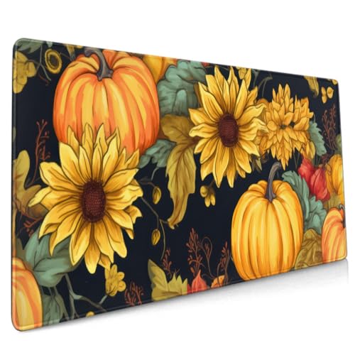 Image of Fall Pumpkin Sunflower Mouse Pad 35.4x15.7 XXL Watercolor Autumn Leaf Floral Extended Mousepad Large Keyboard Mouse Mat Desk Pad with Non-Slip Rubber Base Stitched Edges for Home Office Game