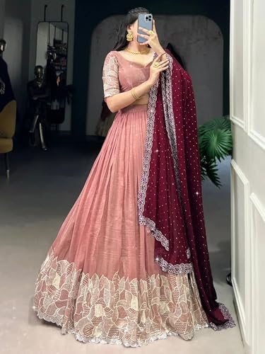Image of Suppar Sleave Women's Embroidered Vichitra Silk Lehenga Choli Dupatta Set Semi-Stitched Blouse and Fit & Flare Style