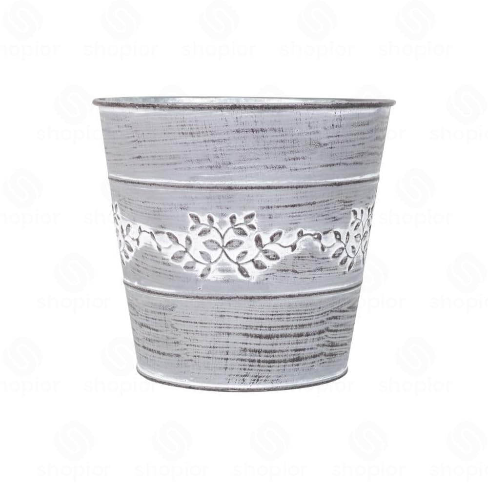 shopior Embossed Leafy Vine Design Tin Trough, Pail, Bowl, WateringCan and Teacup – Zinc Oval Galvanised Metal Planter | Rustic Grey Decorative Indoor Outdoor Plant Pot (Tin Pail-18cm-Grey-Pack 1)