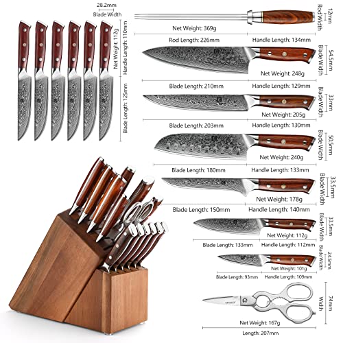 Xinzuo Damascus Steel 15Pcs Kitchen Knife Block Set With Honing Steel And Kitchen Shears, Sharp Forged Cooking Knife Set -Chef Santoku Slicing Boning Utility Paring Knife And 6Pcs Steak Knife Set #TOP1