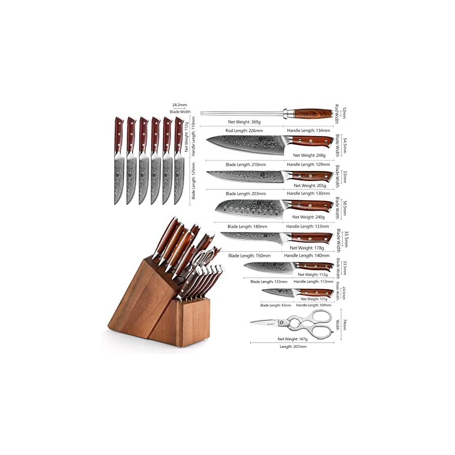 XINZUO-Damascus-Steel-15Pcs-Kitchen-Knife-Block-Set-with-Honing-Steel-and-Kitchen-Shears-Sharp-Forged-Cooking-Knife-Set-Chef-Santoku-Slicing-Boning-Utility-Paring-Knife-and-6Pcs-Steak-Knife-Set XINZUO 15pcs Kitchen Knife Set with Block, Professional Damascus Chef Knife Set-steak Knife Set of 6-Kitchen Shear&Diamond Honing Steel,Natural Rosewood Handle, Razor Sharp