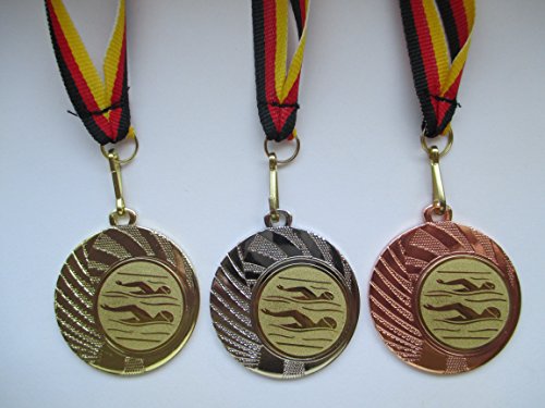 Fanshop Lünen Medaillen Set - aus Stahl 40mm, Schwimmen - Schwimmensport - Gold, Silber, Bronze - mit Emblem 25mm, (Gold) - mit Medaillen-Band - (e262) -