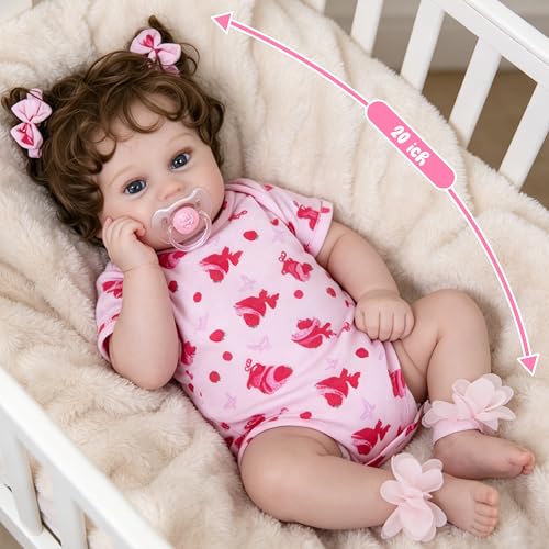 Image of EKOKIZ Lifelike Reborn Baby Dolls Girl, 20-Inch Realistic Baby Doll with Hair Baby Doll That Looks Real Cloth Body Newborn Girl with Complete Accessories for Kids 3+, Lovely& Pretty Girls