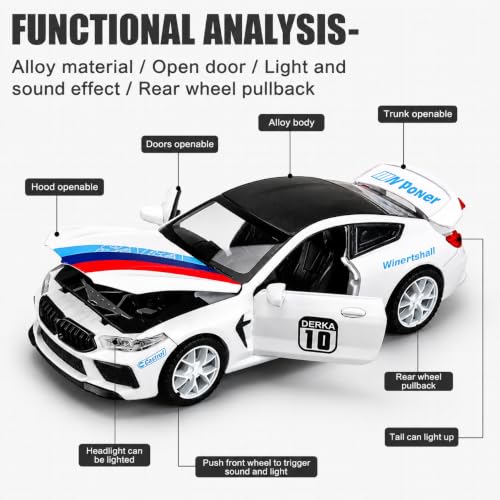 Image of Invite 1:32 Scale B.M.W M8 GT Sport Die-Cast Metal Toy Car with Opening Doors, Hood & Trunk, Sound & Light Effects, Pull-Back Action, Alloy Collectible Model Car for Kids & Adults (White)