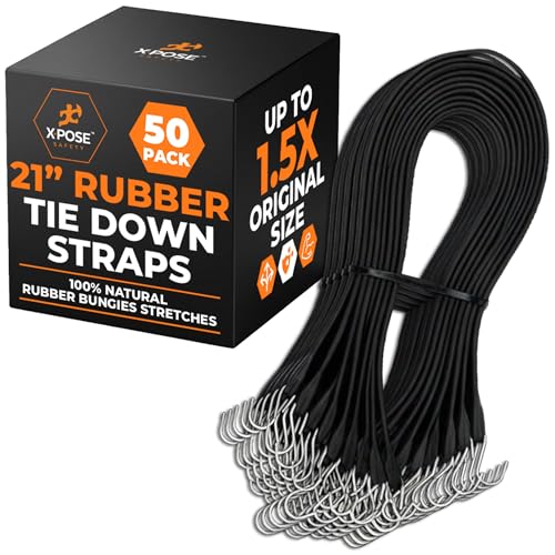 Image of Rubber Bungee Cords with Hooks 50 Pack 21 Inch (32 inch Max Stretch) Heavy-Duty Black Tie Down Straps for Outdoor, Tarp Covers, Canvas Canopies, Motorcycle, and Cargo - by Xpose Safety