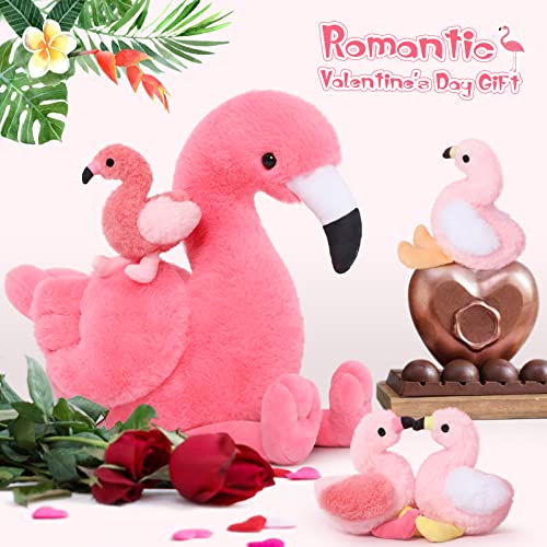 MorisMos 45cm sitzend Plüsch Flamingo mit 4 Baby im Bauch, Rosa Süß Kuschelig Flamingon Plüschtier Stofftier, Weich Spielzeug Dekokissen Geburtstag Themeparty Weihnachten Geschenk