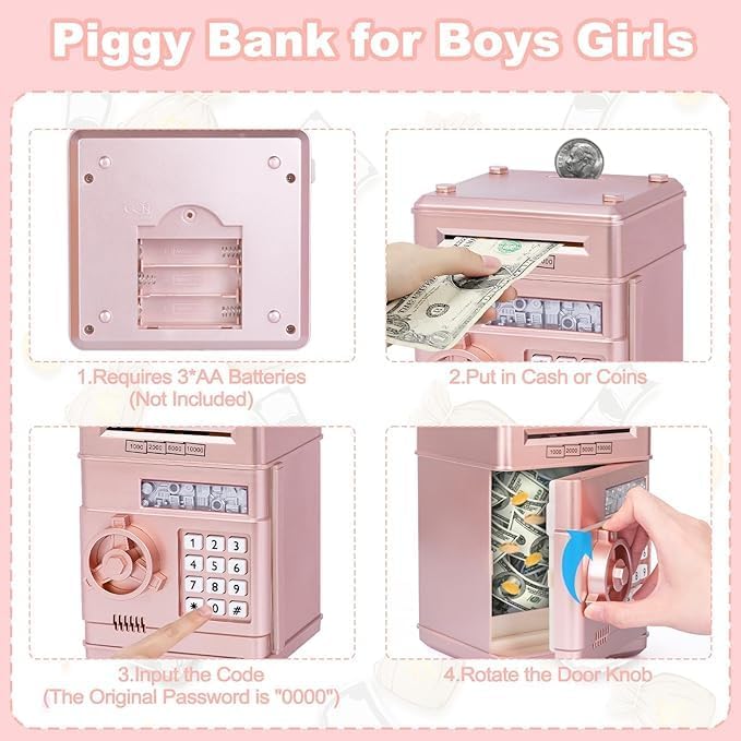 Panel 1 of 4: Diagram showing battery installation for the Highttoy Electronic ATM Piggy Bank.