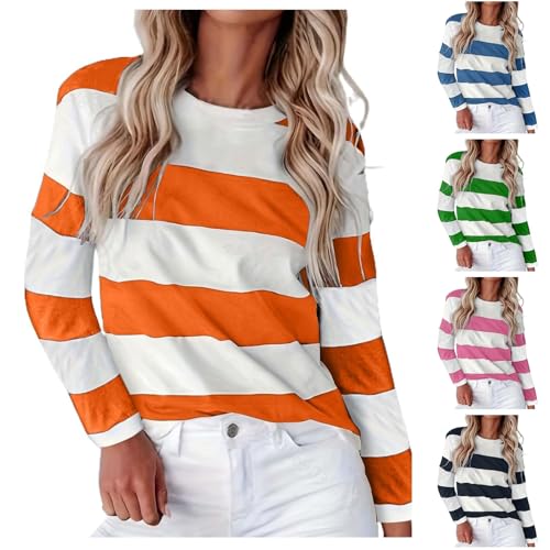 Striped Fall Shirts for Women Casual Long Sleeve Crew Neck Trendy Orange and White Shirt Loose Basic Pullover Tops