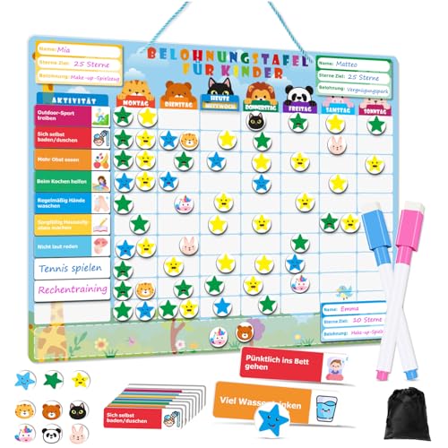 Willingood Magnetische Belohnungstafel Kinder, Magnettafel mit 100 Aufgabenkarten,300 Sternmagneten, 60 Tiermagneten, Aufgabenplaner Wochenplaner Montessori ADHS Hilfsmittel (Runde Ecke)