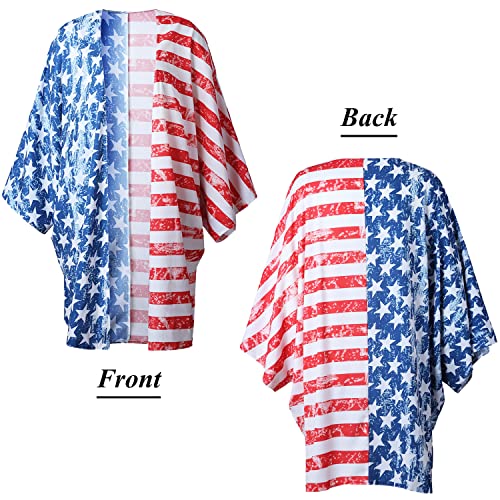 Image of Women's American Flag Kimono Cardigan 4th of July Cover Up Lightweight Patriotic Kimono Cover Up