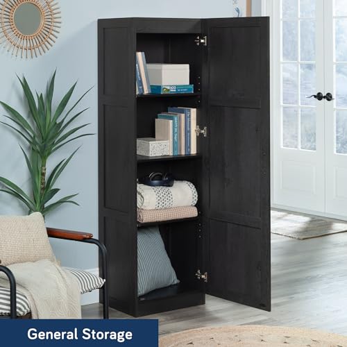 Image of Sauder Miscellaneous Tall Storage Cabinet, Kitchen Pantry, Single Door with Adjustable Shelves, Raven Oak Finish