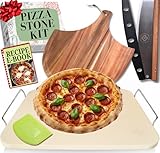 Pizza Stone for Oven and Grill Set - 5PCS Pizza Making Accessories Kit - 15 inch Pizza Stone with Handles, Pizza Peel, Pizza Cutter, Dough Tool - Baking Stone for Bread - Large Rectangular Oven Stones