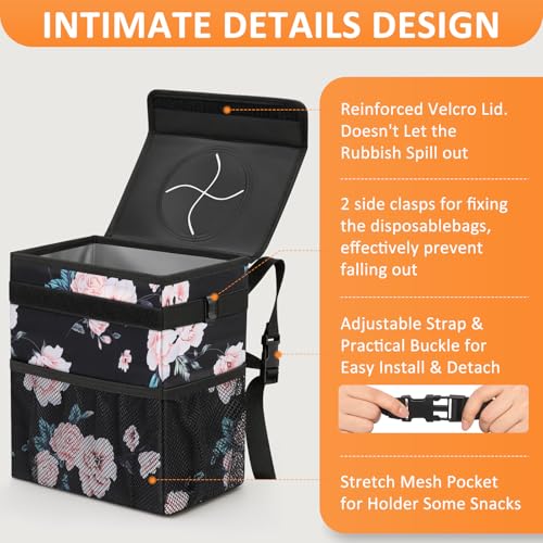 Image of Vankor 3 Gallons Car Trash Can with Lid, Car Bag Bin Hanging Waterproof Automotive Garbage Cans Leak Proof Vehicle Trash Can Black Floral