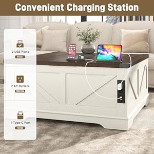 40 large farmhouse lift top coffee table with power outlets and large hidden storage square wood living room tables multi function lift wooden barn door center table rustic white  urban country home decor