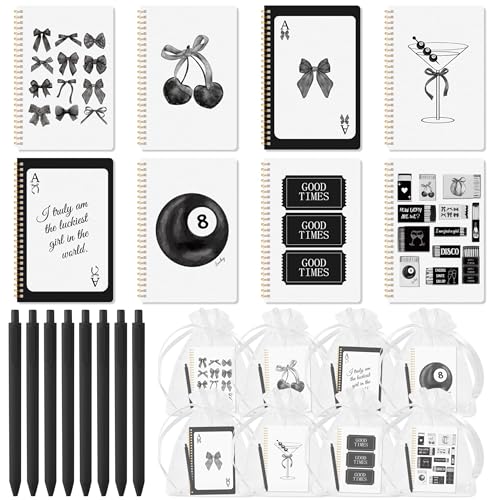 CNhoqc Black Spiral Journal Notebook - 8-Sets A5 Black Bow Watercolor Aesthetics Coquette College Ruled Lined Page Journal Notebook Ballpoint Pen Organza Bag Note Taking Office School Busines Supplies