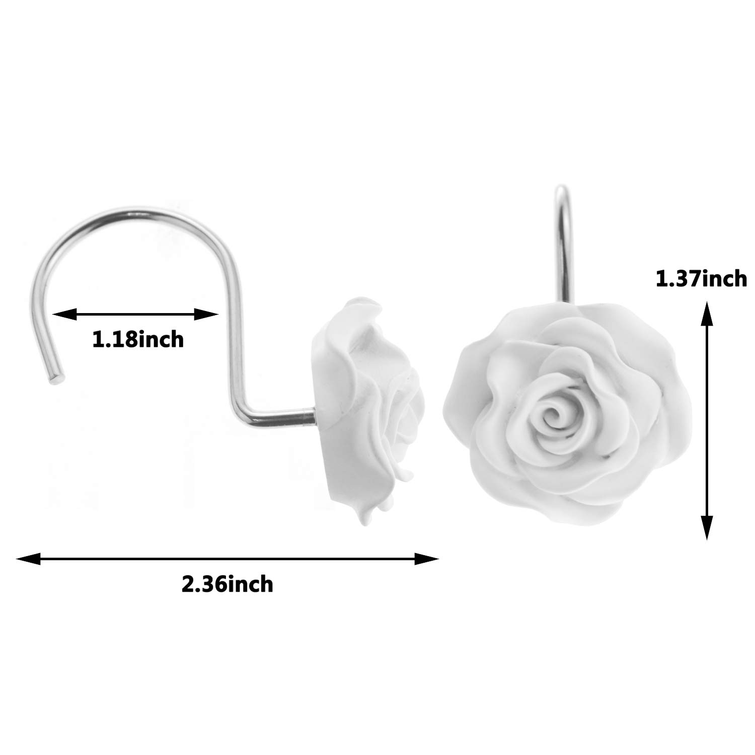 12 PCS Home Fashion Decorative Anti Rust Shower Curtain Hooks Rose Design Shower Curtain Rings Hooks (White)