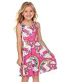  Mädchen Einhorn Meerjungfrau Blumen Karikatur Prinzessin Skaterkleid ärmellos A-Linie Sommerkleid Swing Fattern T-Shirt Kleider Rundhals Freizeitkleidung, A Muster 3, 130 / 6-7 Jahre