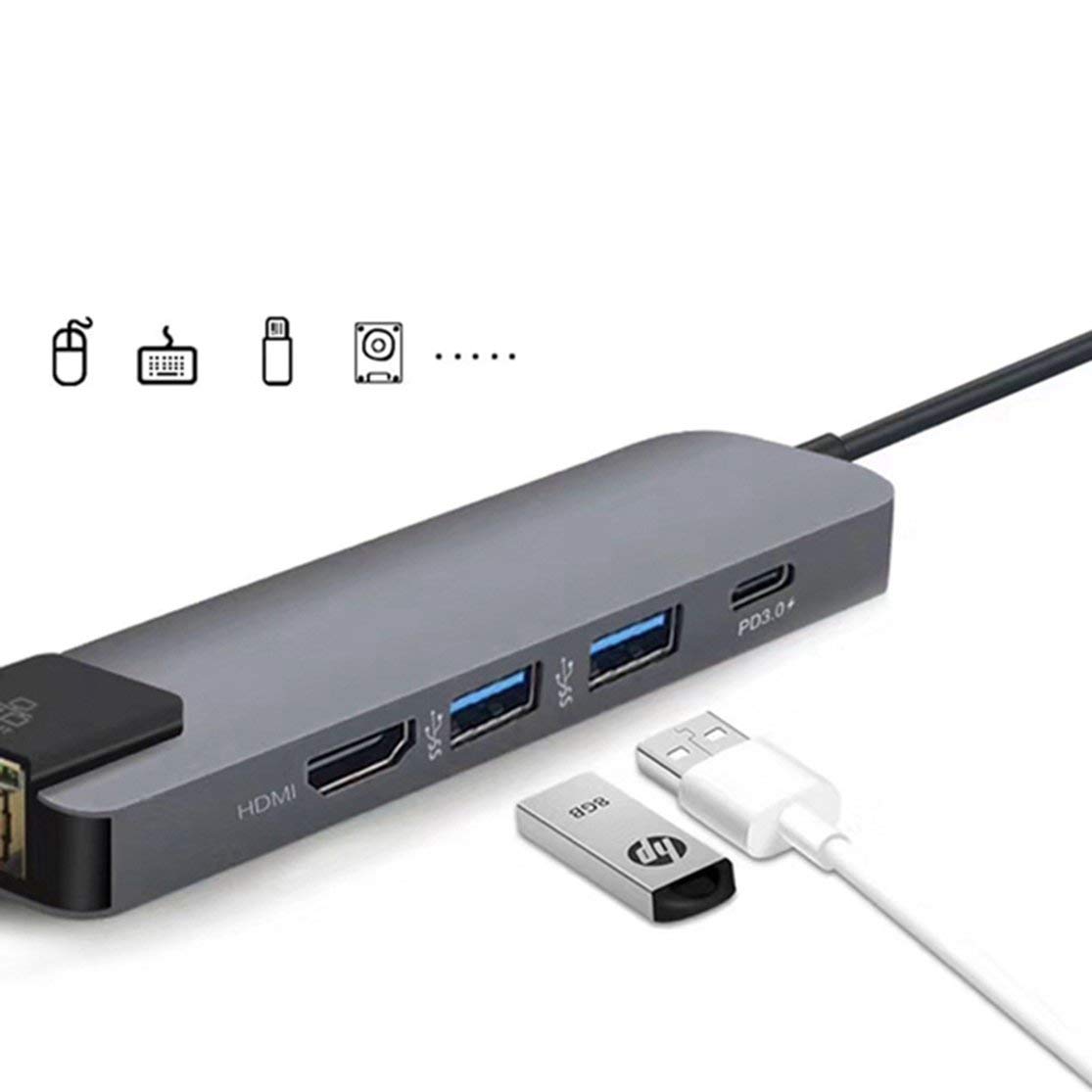 5 w 1 wielofunkcyjny hub USB typu C Hdmi 4K USB C hub do Gigabit Ethernet Rj45 Lan adapter 3 ładowarka USB-C; szary Candybarbar