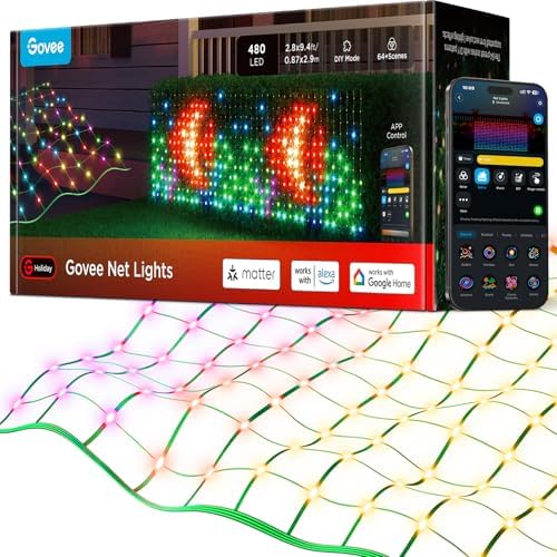 Govee Outdoor Net Lights, 2.8 * 9.4ft with RGBIC,DIY Functions and 480 LEDs | Smart Net Lights with 64 Modes for Bush Patio Decor, Compatible with Alexa & Google Assistant, Outdoor Waterproof, Green Wire
