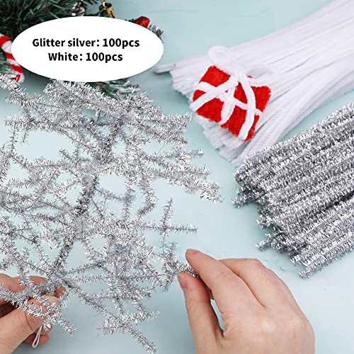Image of 200PCS Pipe Cleaners, White + Glitter Silver Pipe Cleaners Craft | Pipe Cleaners Chenille Stem Set, 100PCS White +100PCS Silver Fuzzy Sticks Pipe Cleaners Bulk for Arts and Crafts