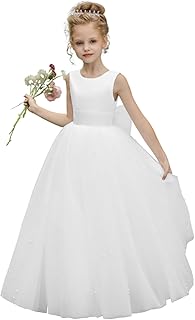 Pearl Beads Flower Girls Dress Sleeveless Puffy Tulle Princess Pageant Dresses First Communion Gown with Bow - Buy now