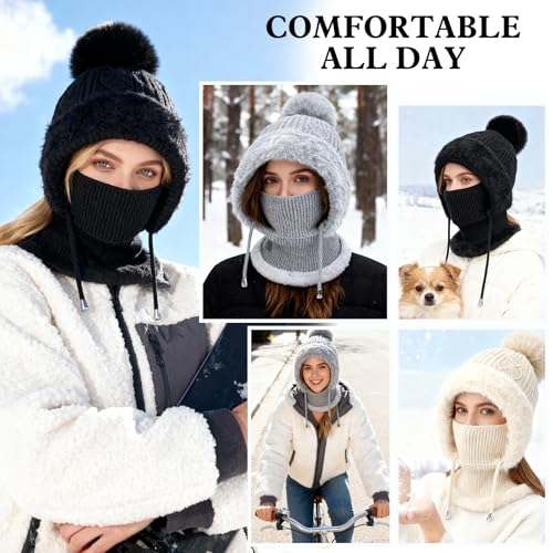 AYPOW Winter Warm Strickmütze Halswärmer-Sets Damen, 3 in 1 Beanie Wintermütze mit Weiches Thermo Fleece Gefüttert, Multifunktional Verstellbar Sturmhaube Gesichtsmaske Frauen für Outdoor-Sportarten