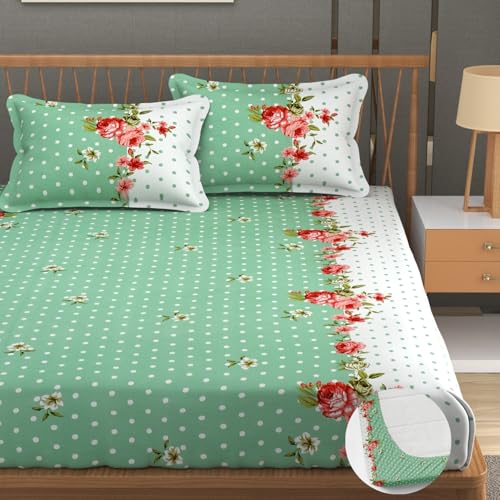Image of Premium Heavy Cotton Elastic Fitted Bedsheets with 2 King Size Pillow Covers || Double Bed with All Around Elastic 350 TC || 72 x 78 x 10 Inch King Size Fitted || - Green Dot