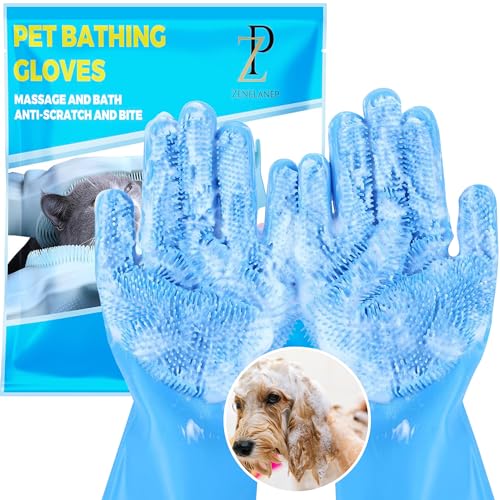 ZENELANEP High-Density Silicone Pet Grooming Gloves with Enhanced Five Finger Design for Bathing, Massaging Dogs and Cats (Blue)