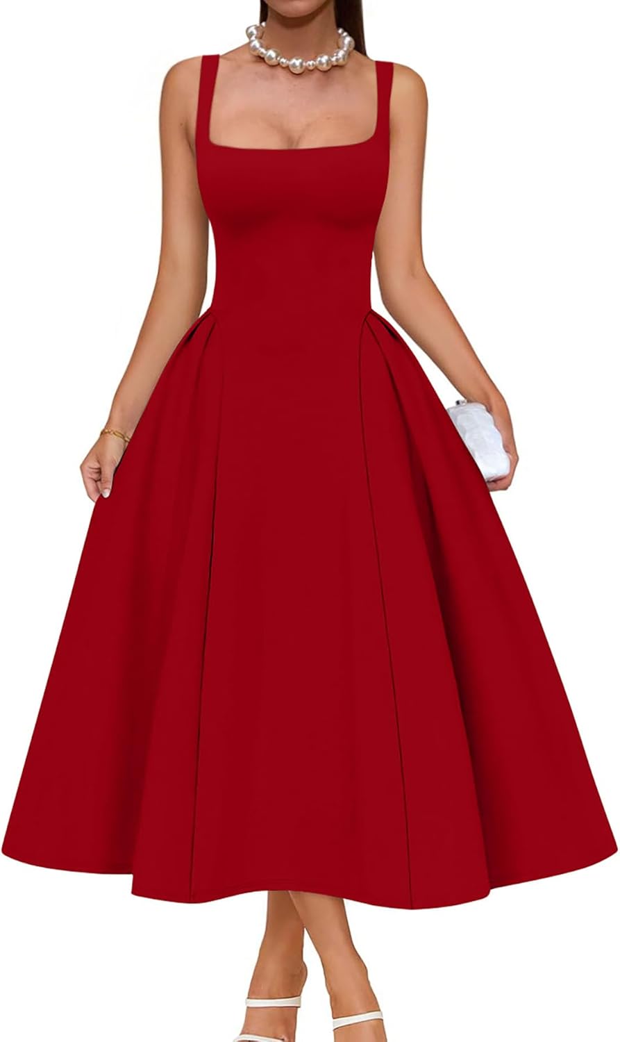 Memoriesea Women's Elegant Square Neck Swing A Line Wedding Evening Party Midi Dress