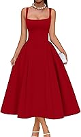 Memoriesea Women's Square Neck Swing A-Line Midi Dress - Elegant Wedding Guest, Evening Party & Cocktail Formal Wear