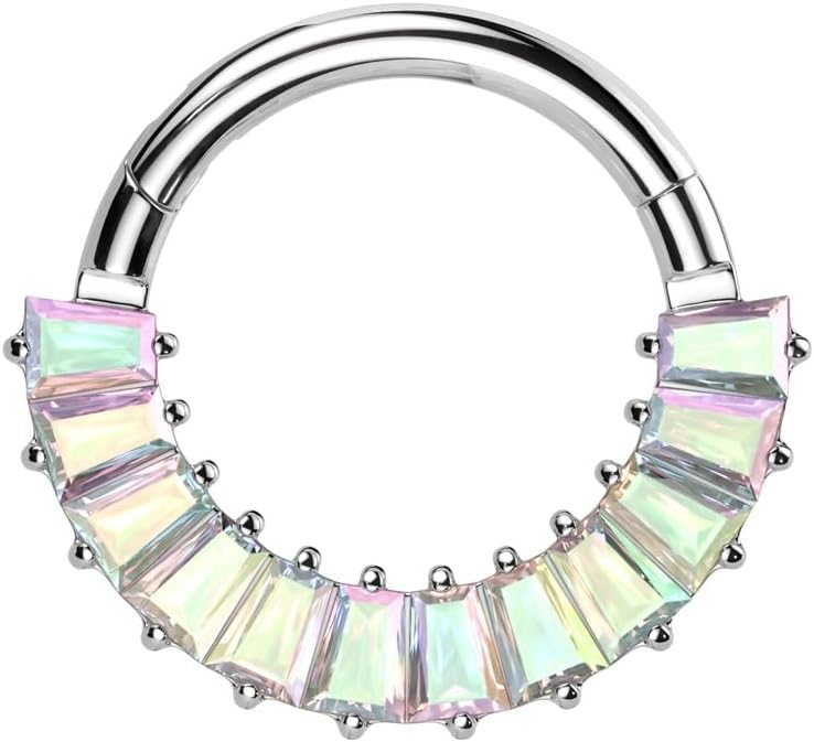 Pierced Owl 16GA ASTM F-136 Implant Grade Titanium CZ Crystal Baguette Lined Hinged Segment Clicker Ring