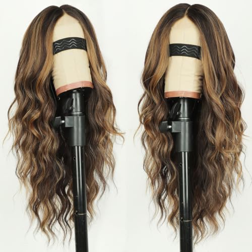 Image of AISI HAIR Brown Highlights Wig for Women, Wavy Synthetic Lace Wig 26Inch | Lace Hairline,Middle Part,Heat Resistant Wig,Daily Party,Natural-Looking,Adjustable Cap,Beginner Friendly,Soft Silky Texture