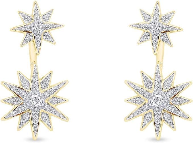 Created Real 925 Sterling Silver 14K Gold Finish Round Cut White Diamond New Year Special Double Starbursts Ear Jacket Stud Push Back Earrings Jewelry NewYear Gift for Women's