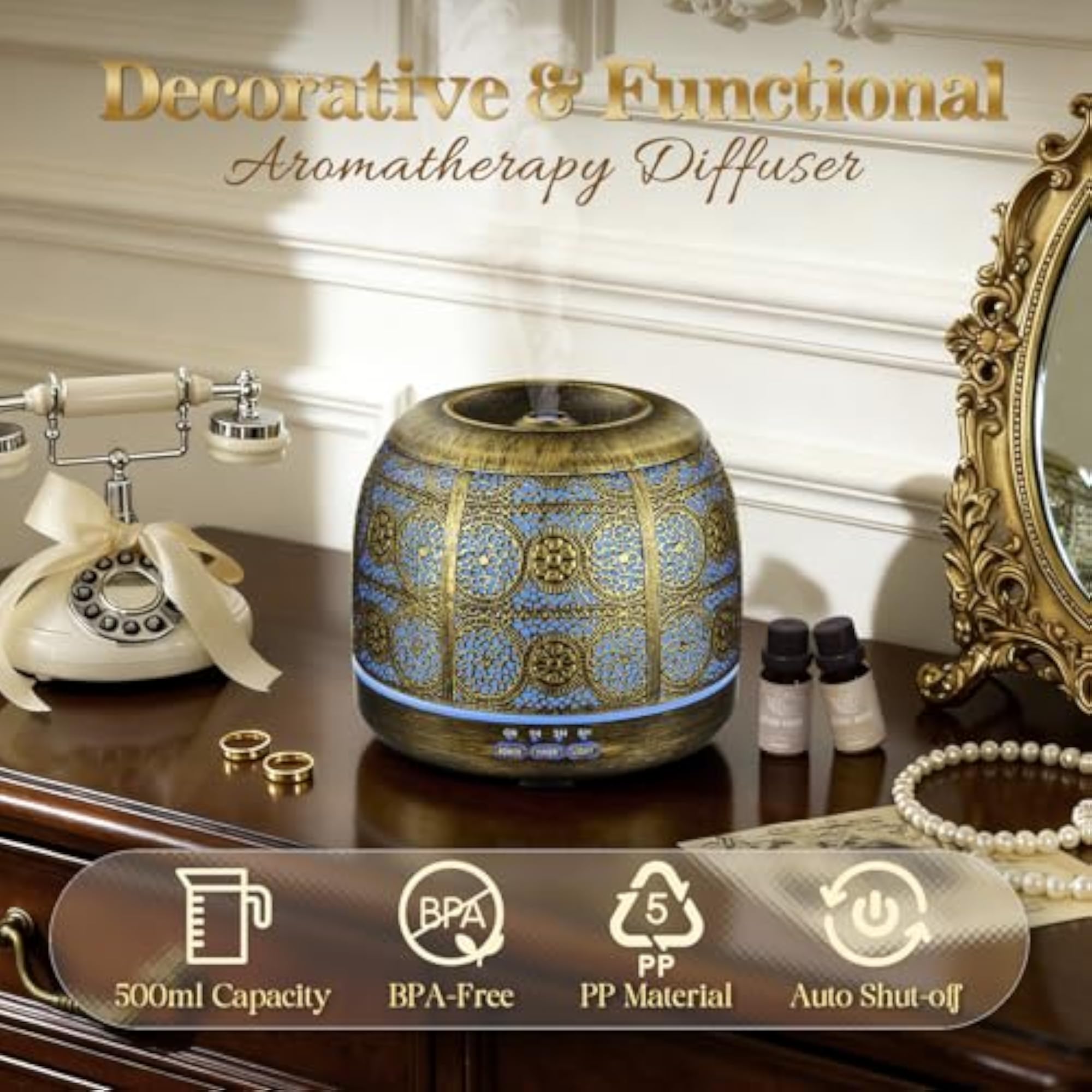 500ml Metal Essential Oil Diffuser, Ultrasonic