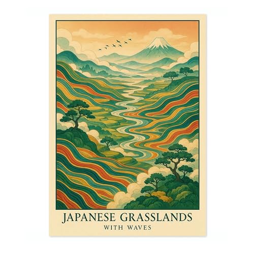 Affiche d'Art Prairies Japonaises Voyage Rétro pour Chambre Zen