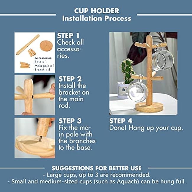 Aquach Coffee Glass Mugs Set of 4, 12 oz | Including Wooden Cup | Holder Tree & 6 Hooks
