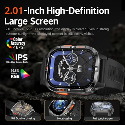 Military GPS Smart Watch for Men with Compass/Altitude/Flashlight,2.01" HD Screen Smart Watch with Voice Assistant/Bluetooth Calling,Smartwatch for Android&iOS, Activity Tracker Multiple Sport Modes - Image 4
