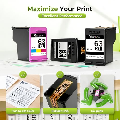 Image of 63XL Ink Cartridges Black and Color Replacement for HP Ink 63 XL Combo Pack
