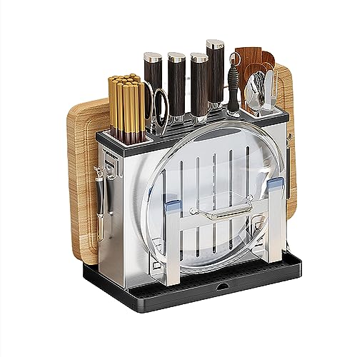 包丁スタンド 刀架 包丁ケース まな板 包丁まな板 スタンド 包丁立て収納 包丁差し 壁掛け可能 鍋蓋スタンド お箸立て付き ナイフ/フォーク/スプーン/お箸収納 水受けトレー 省スペース (シルバー,D)