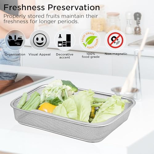 Image of Zupa Rust-Proof Stainless Steel Rectangular Strainer & Storage Basket | Multipurpose Fruit, Vegetable & Fridge Organizer (Silver) | 32 X 24 X 7 CM | Set of 2