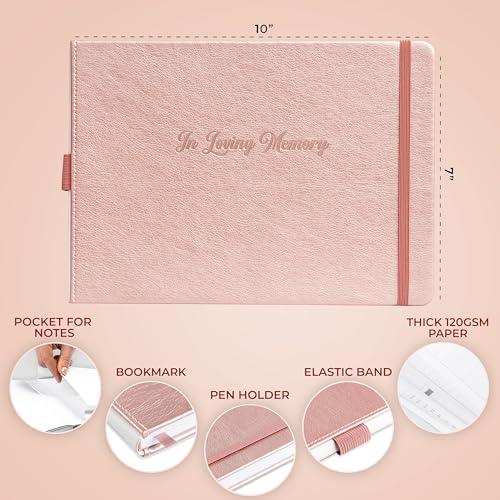 Image of Skyline Funeral Guest Book, Sign In Name & Address, Hardcover Rose Gold | 10 inchx7 inch, Elegant sign-in guestbook for memorial service & celebration of life with large signature space, Memory book