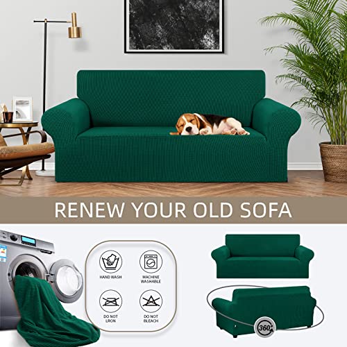 KEKUOU Stretch Loveseat Sofa Cover Slipcover,Couch Covers for 2 Cushion Couch Sofa (55"-78") Furniture Protector Sofa with Elastic Bottom for Kids,Dog. Jacquard Small Checked (Medium,Hunter)