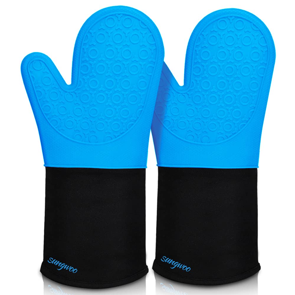 Sungwoo Extra Long Silicone Oven Mitts, Heat Resistant Oven Gloves with Quilted Liner Non-Slip Textured Grip Perfect for BBQ, Baking and Grilling - 14.6 Inch Blue-image-1