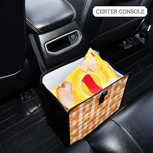Image of Car Trash Can Organizer Bin with Adjustable Strap for Back Front Seat Console Waterproof Leakproof Collapsible Portable 8.66 Inch Halloween Orange Plaid Pumpkin Heads