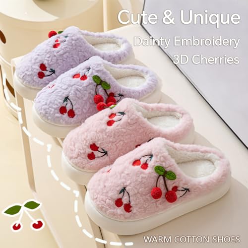 Winter Fluffy House Slippers for Women with Fruits Cherries, Fuzzy Home Bedroom Cotton Shoes, Soft and Cute Plush House Slides with Memory Foam, Kawaii, Cozy2
